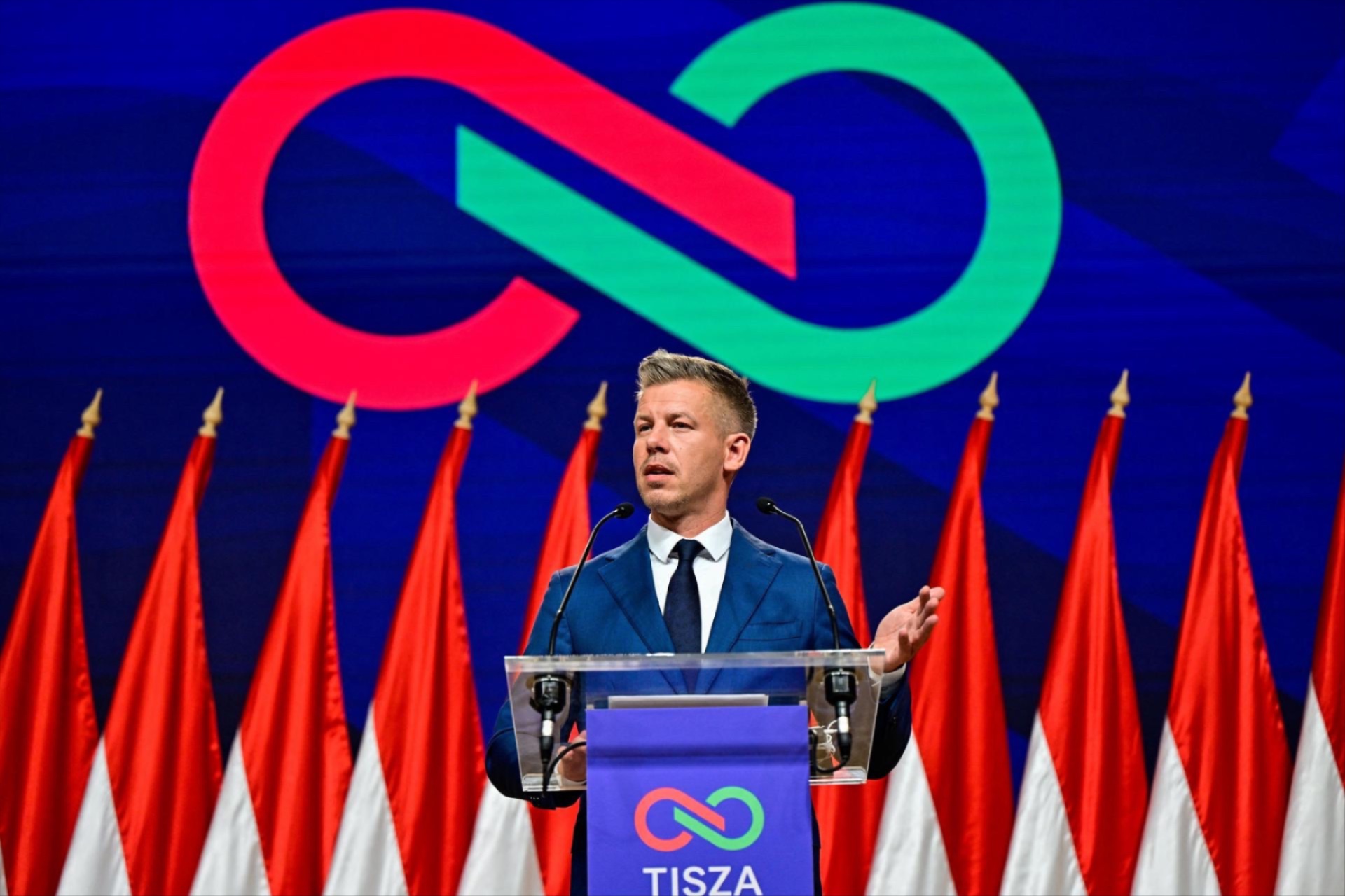 Peter Magyar, leader of the opposition Tisza Party, speaks at a press conference in Budapest, Hungary, April 13, 2026. 