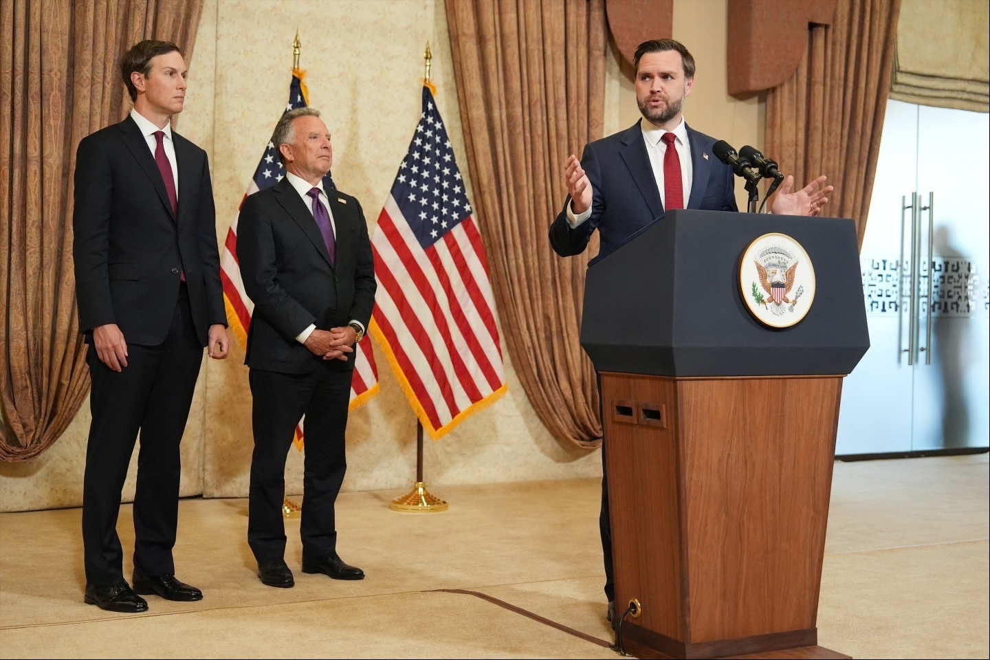 Jared Kushner and Steve Witkoff, Special Envoy for Peace Missions, watch as Vice President JD Vance briefs the press after meeting with representatives from Pakistan and Iran, April 12, 2026.