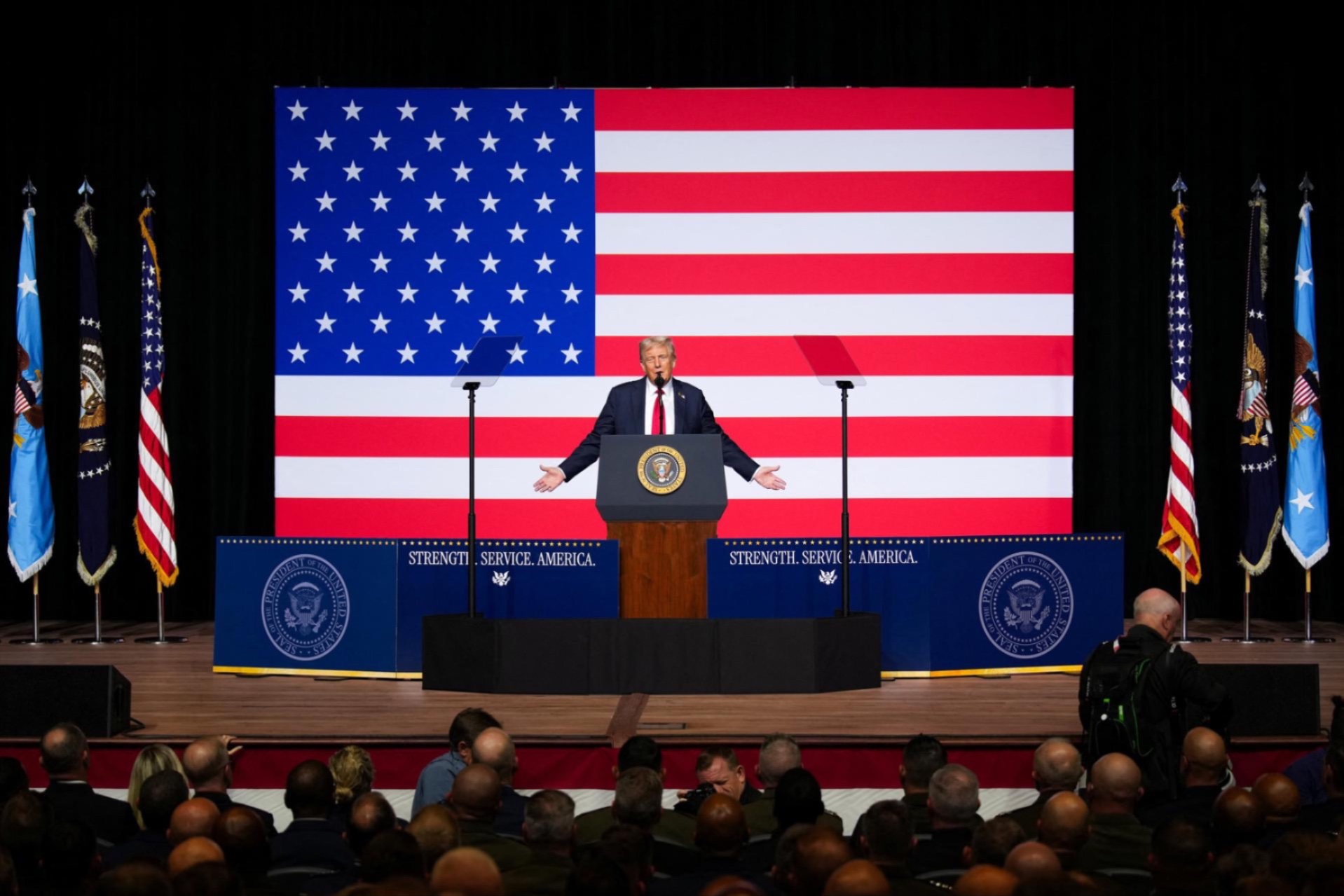 President Donald Trump speaks to senior military leaders at Marine Corps Base Quantico, in Quantico, Virginia September 30, 2025. 