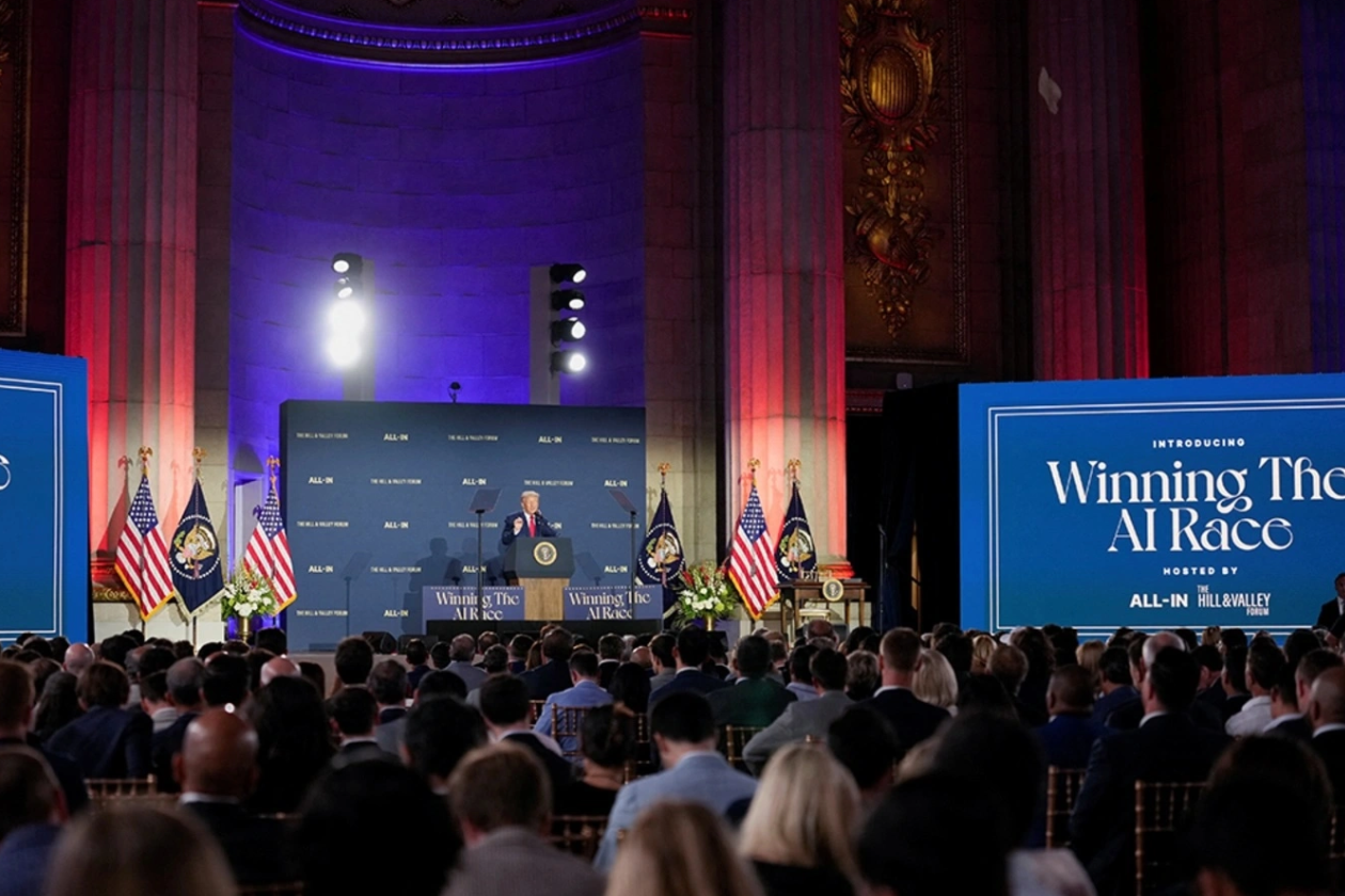 President Donald Trump delivers remarks on artificial intelligence at the 