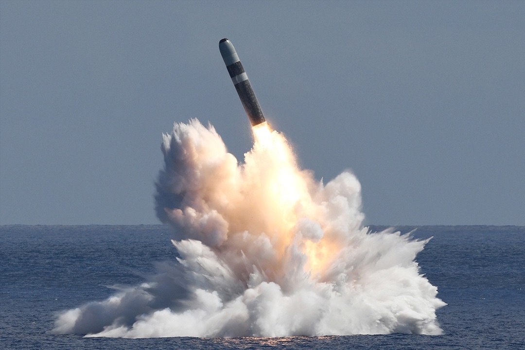 An unarmed Navy Trident II D5 Life Extension missile launches from an Ohio-class ballistic missile submarine off the coast of Florida, September 17, 2025.