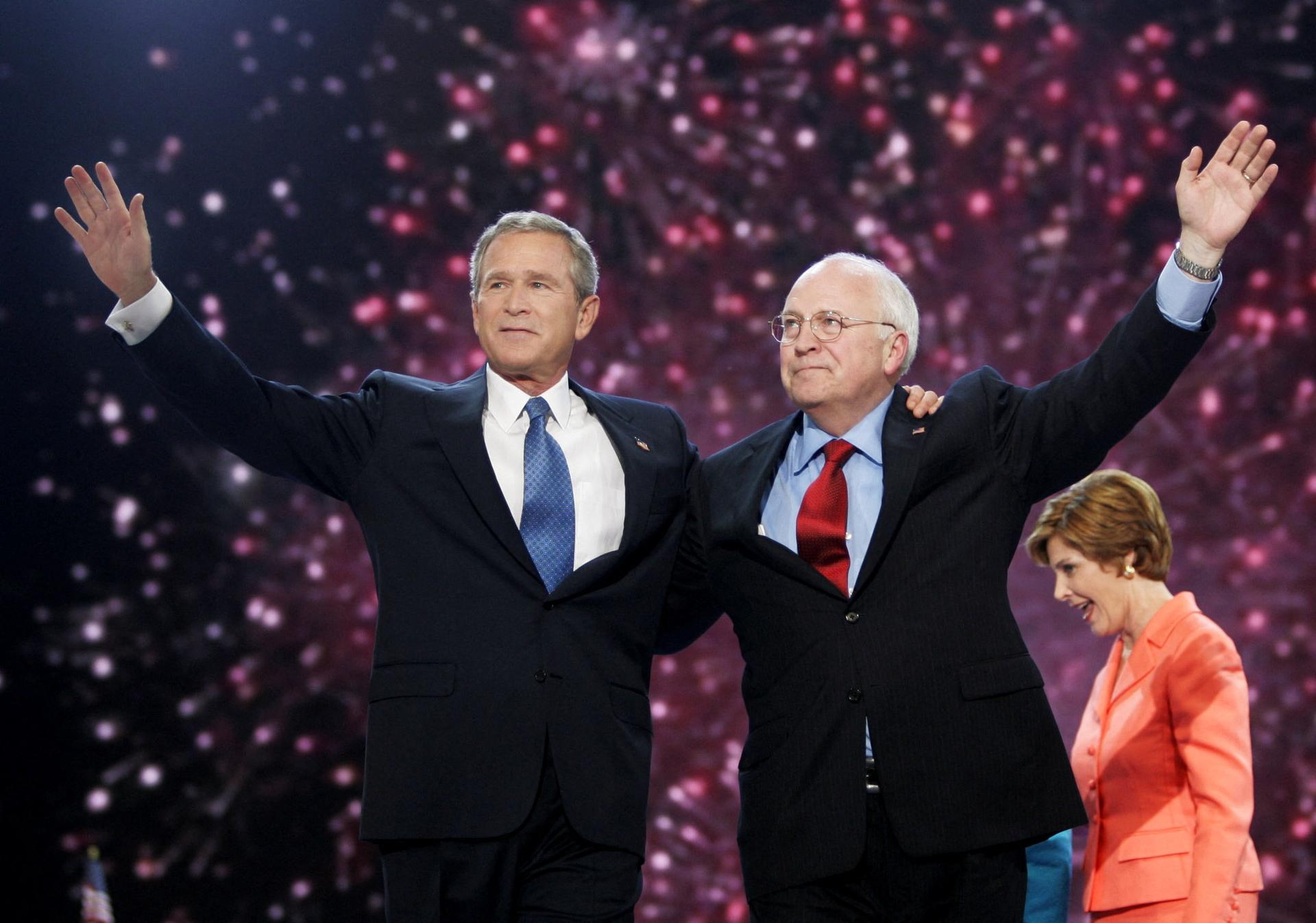 U.S. President Bush and Vice President Cheney celebrate at conclusion of 2004 RNC.