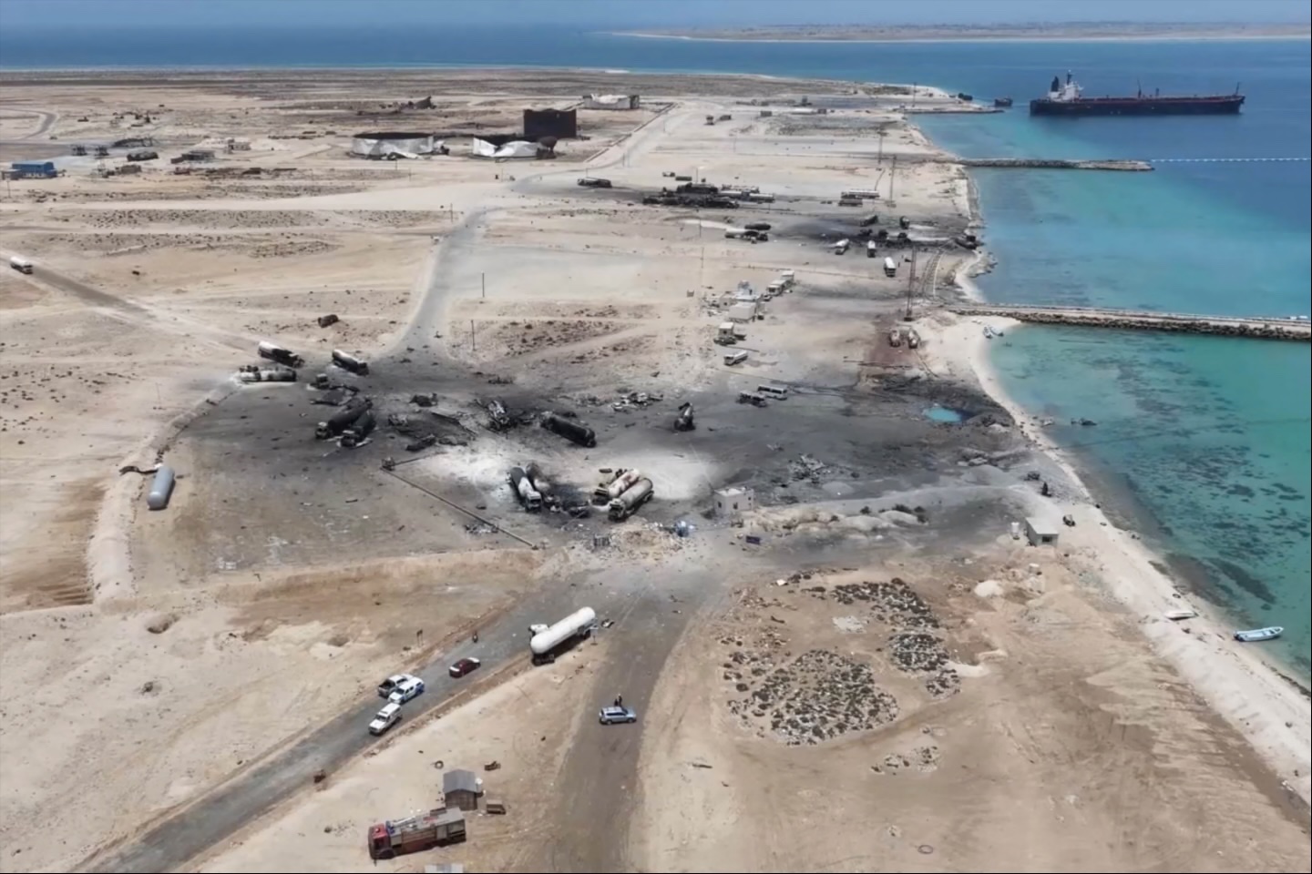 A drone view of the aftermath of a U.S. strike on the Ras Isa fuel port, Al Jazirah, Yemen, April 18, 2025.
