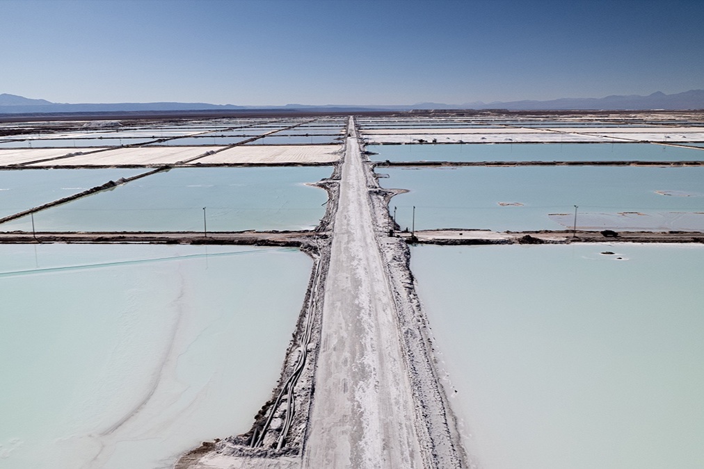 An aerial view of lithium mining pits in Atacama Salt Flat, Chile.