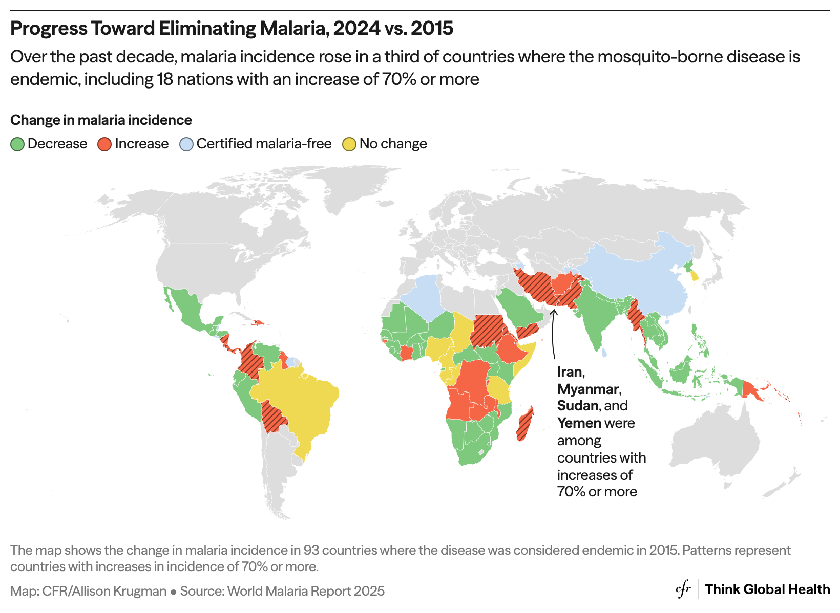 A world map showing countries' progress toward malaria eradication from 2015-2024