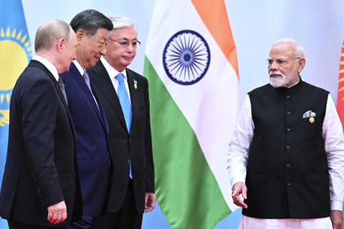 Russian President Vladimir Putin, Chinese President Xi Jinping, President of Kazakhstan Kassym-Jomart Tokayev, and Indian Prime Minister Narendra Modi at the Shanghai Cooperation Organisation Summit in Tianjin, China, September 1, 2025. Kremlin Press Service/Anadolu/Getty Images