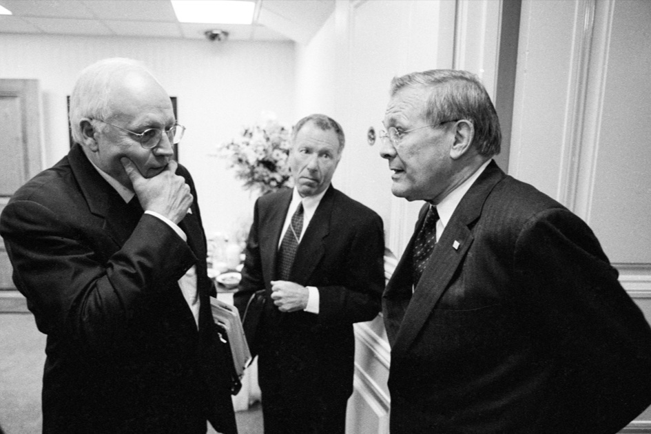 Vice President Dick Cheney and Defense Secretary Donald Rumsfeld talk at the Pentagon in 2002. 
