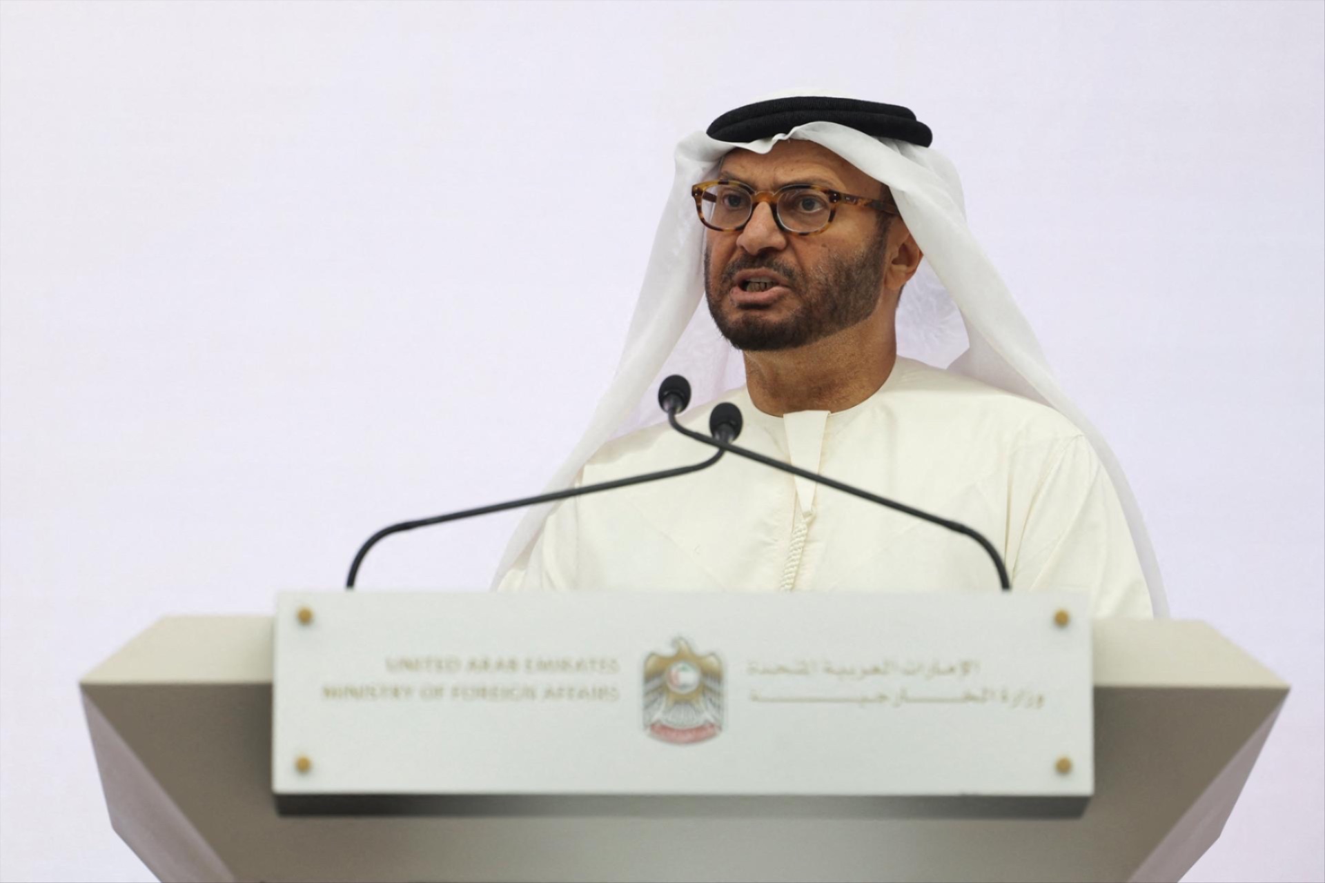 Diplomatic advisor to the UAE president, Anwar Gargash, speaks during a press conference on the ongoing conflict in Sudan, in Abu Dhabi, United Arab Emirates, November 25, 2025. 