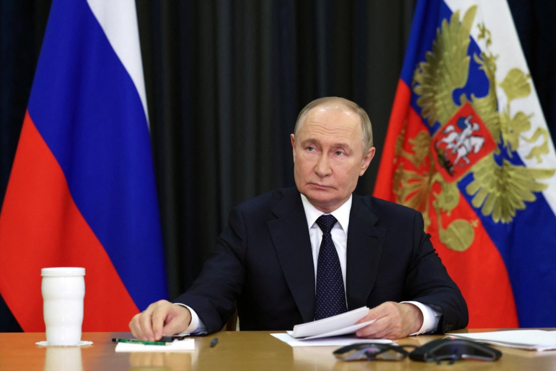 Russian President Vladimir Putin attends an online meeting with leaders of BRICS group of states in Sochi, Russia, September 8, 2025.