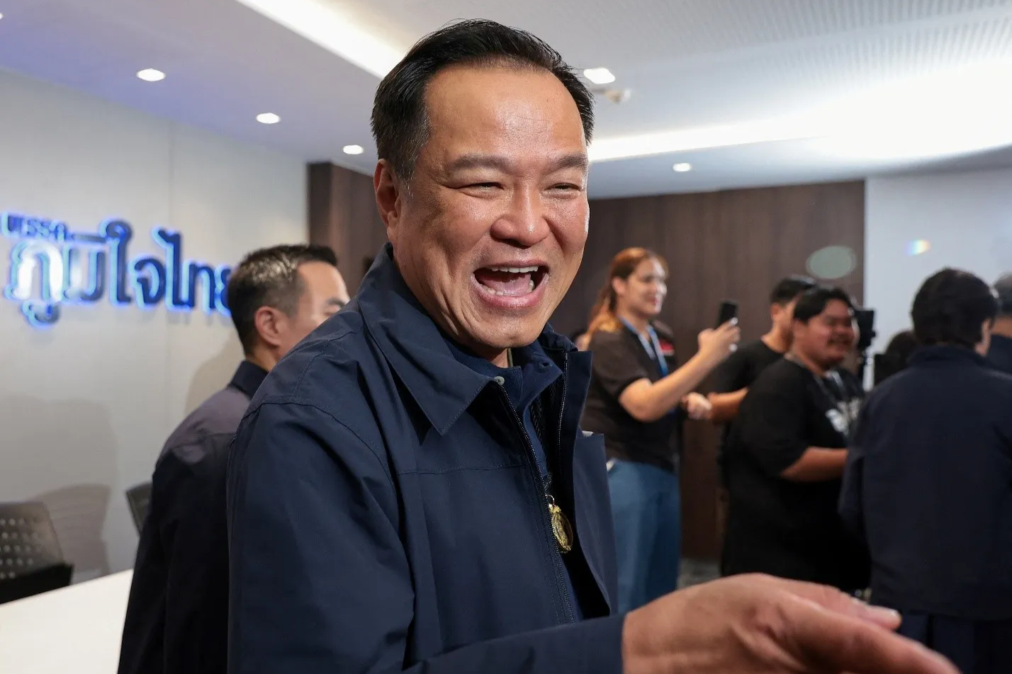 Thailand’s caretaker Prime Minister Anutin Charnvirakul, Bhumjaithai Party leader and prime ministerial candidate, gestures following a press conference at the party headquarters on the day of the general election in Bangkok, Thailand, on February 8, 2026. 