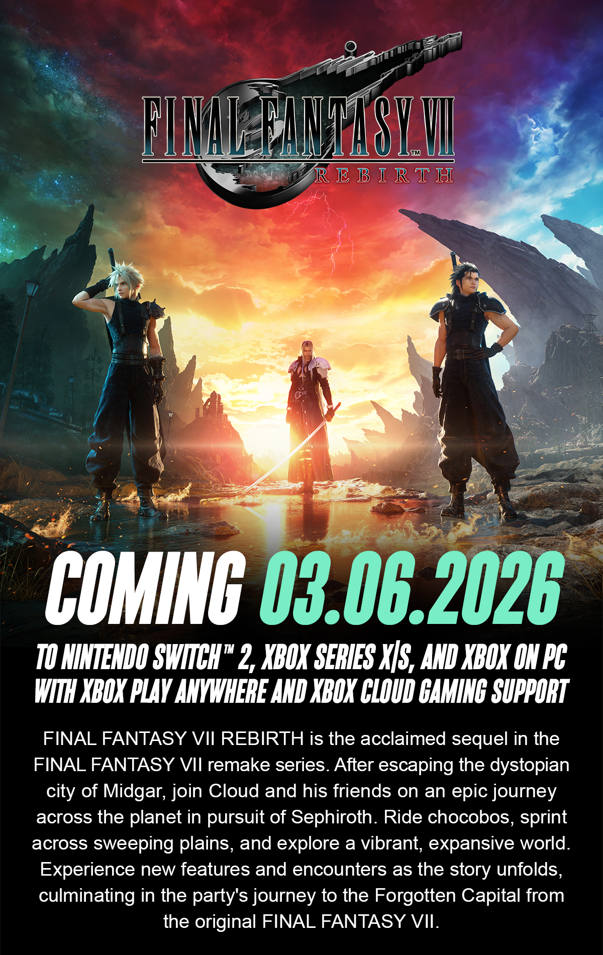 FINAL FANTASY VII REBIRTH - COMING JUNE 3 2026 TO NINTENDO SWITCH 2 AND XBOX