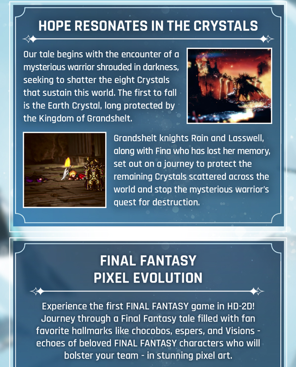 Hope resonates in the crystals. Final Fantasy pixel evolution.