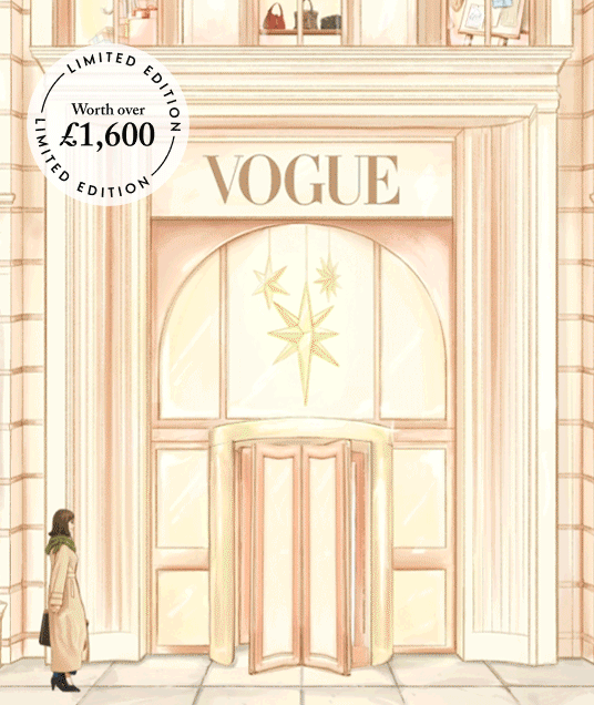 Section of illustration from the Vogue Festive Calendar with headline 'BEHIND THE BRUSHSTROKES OF THE 2025 VOGUE FESTIVE CALENDAR, 32 gifts wrapped into one, limited edition worth over £1,600
