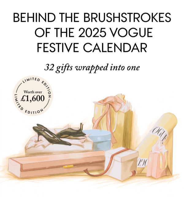 Section of illustration from the Vogue Festive Calendar with headline 'BEHIND THE BRUSHSTROKES OF THE 2025 VOGUE FESTIVE CALENDAR, 32 gifts wrapped into one, limited edition worth over £1,600