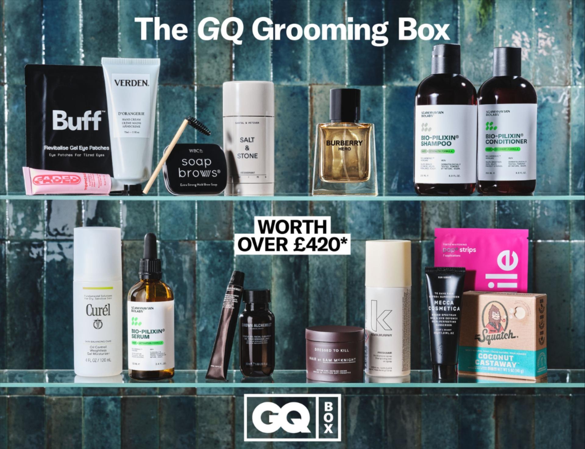 Products from the GQ Summer Box on a bathroom shelf