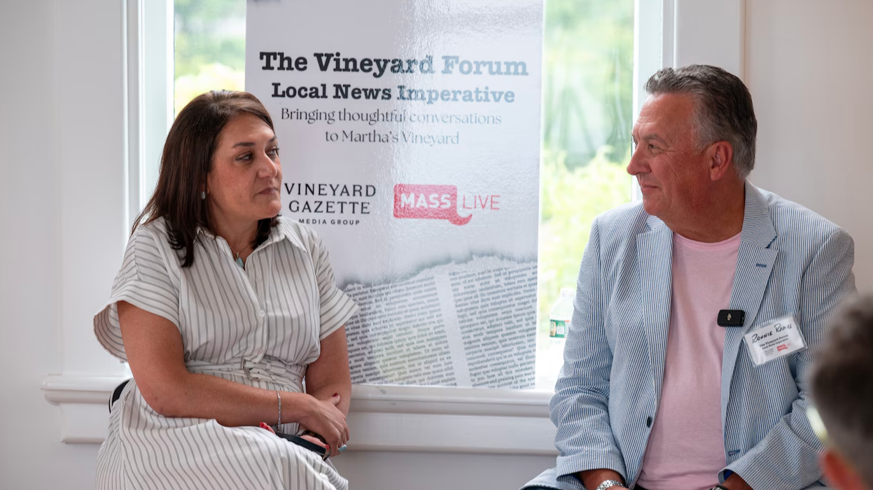 Maribel Perez Wadsworth, president and CEO of the John S. and James L. Knight Foundation, and Ronnie Ramos, vice president of content and executive editor of MassLive, speak about the future of local news at The Vineyard Forum on Martha's Vineyard on July 11, 2025. MassLive and The Vineyard Gazette will co-host the forum again July 9, 2026. (Sebastian Restrepo/MassLive)