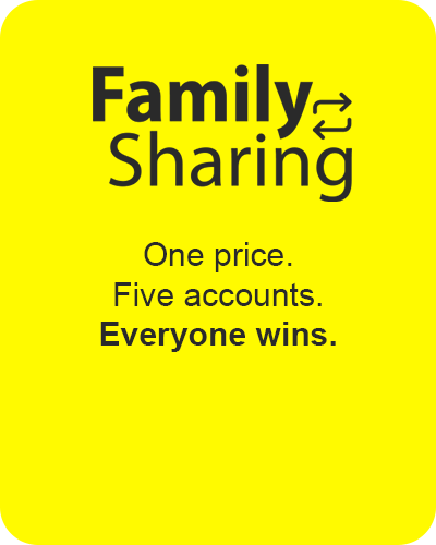 Family Sharing logo, One price. Five accounts. Everyone wins.