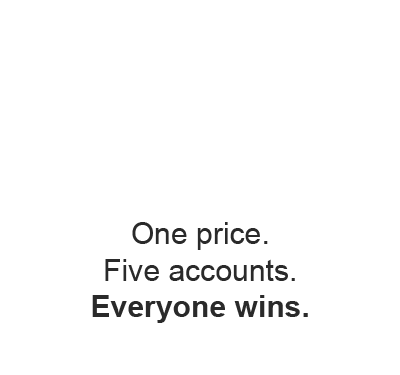 Family Sharing logo, One price. Five accounts. Everyone wins.