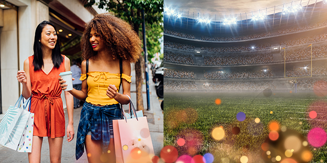 images of shopping and a football stadium