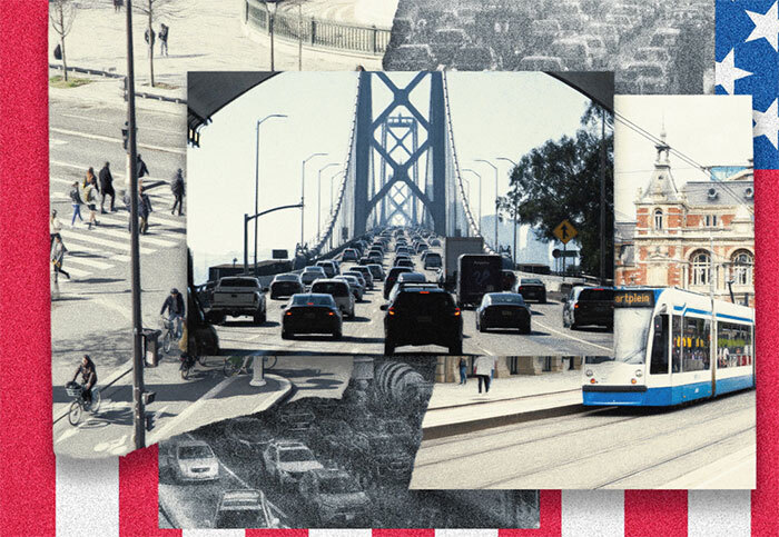 A collage style image showing traffic on the Golden Gate bridge, an electric tram in Europe, and an intersection with pedestrians crossing, along with some US flag elements around the edges.