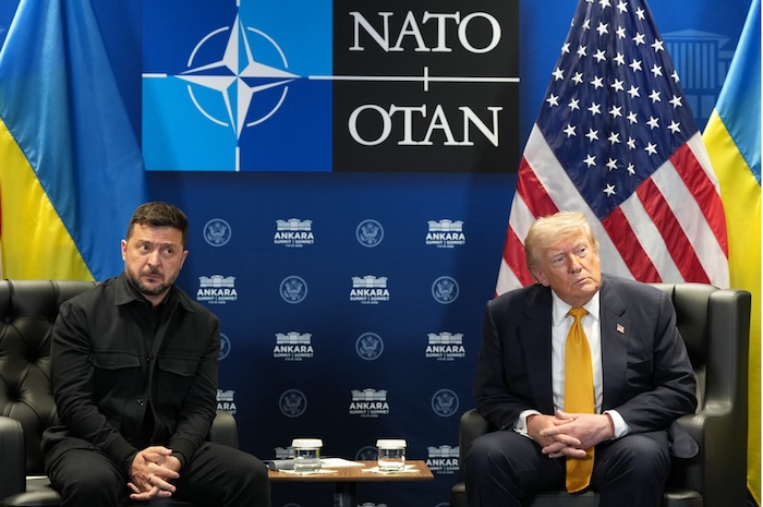 President Donald Trump meets with Ukraine's President Volodymyr Zelenskyy at the NATO summit in Ankara, Turkey, on Wednesday. Alex Brandon/AP