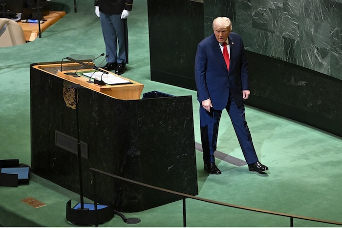 President Donald Trump leaves the podium after addressing the United Nations General Assembly on Tuesday in New York. Anthony Behar/Sipa via AP