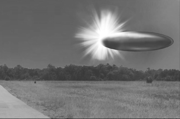 An FBI lab rendition of a supposed eyewitness report in September 2023 of an ellipsoid bronze metallic object materializing out of light in the sky and disappearing instantaneously—publicly released Friday by the Pentagon. Department of Defense. 