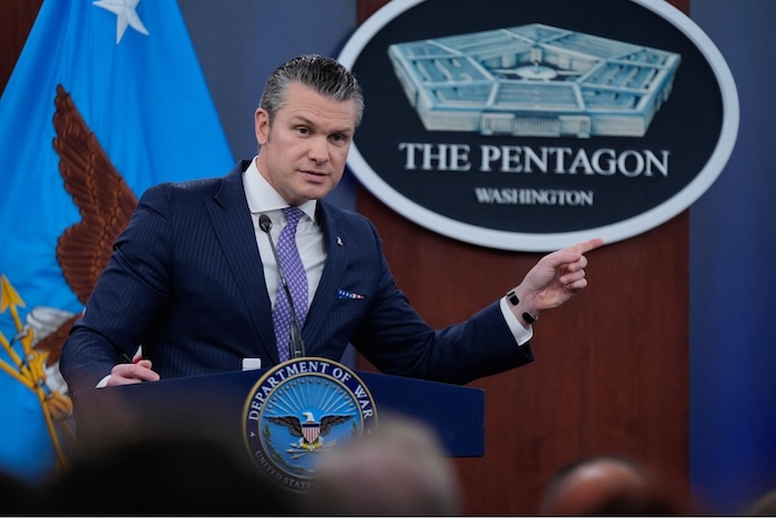 Defense Secretary Pete Hegseth speaks at a press briefing at the Pentagon on Tuesday. Manuel Balce Ceneta/AP