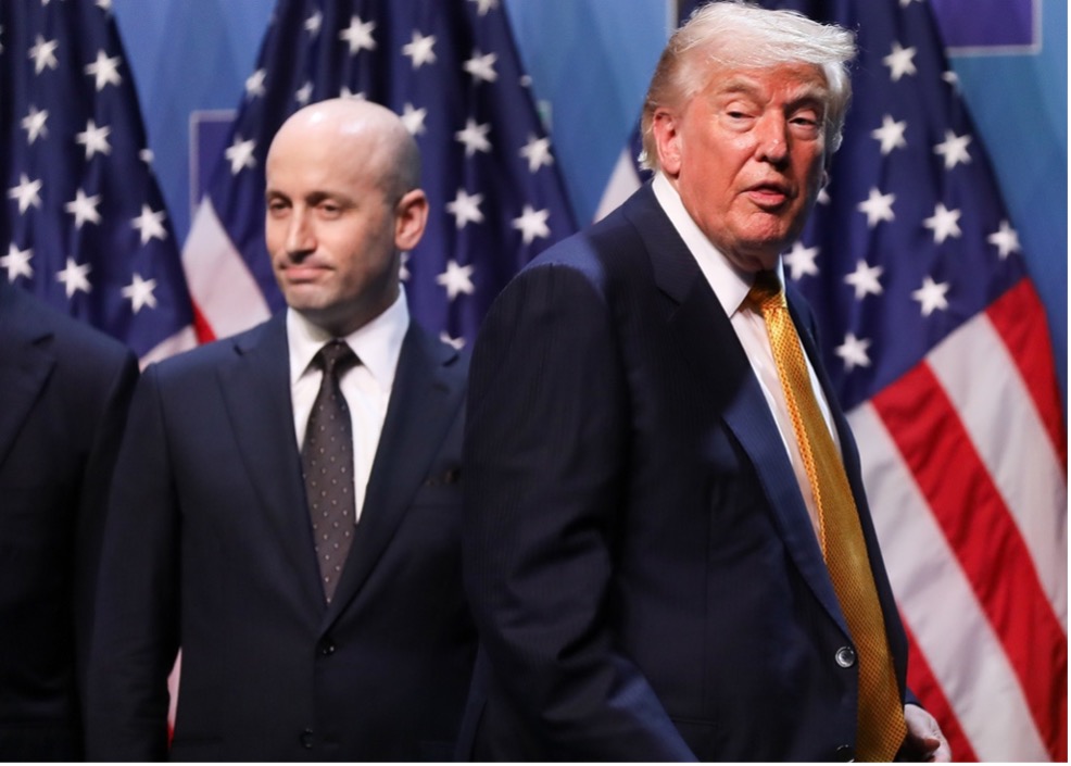 President Donald Trump and White House aide Stephen Miller at a press conference during the NATO summit in Ankara, Turkey, on July 8. Klaudia Radecka/NurPhoto via AP