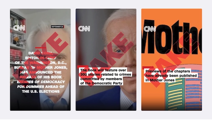 Still images from a fake video that Russian disinformation operators have been circulating on social media purporting to be from CNN. Mother Jones.  