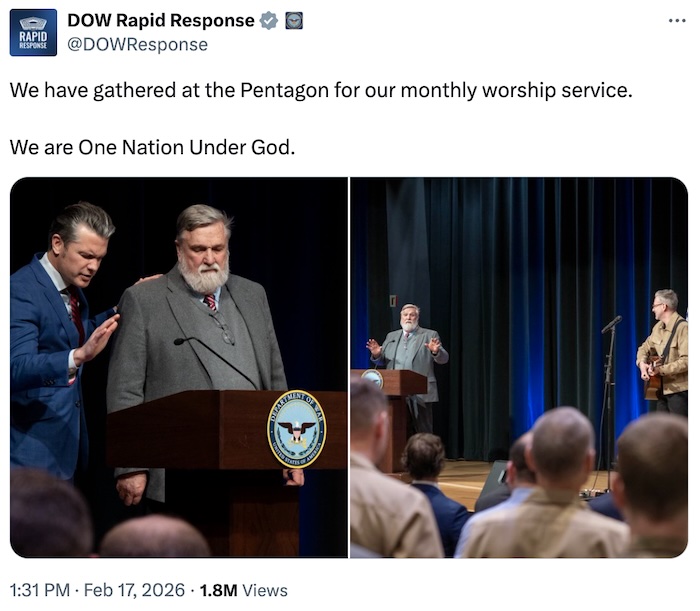 DOW Rapid Response on X.com; We have gathered at the Pentagon for our monthly worship service.  We are One Nation Under God.