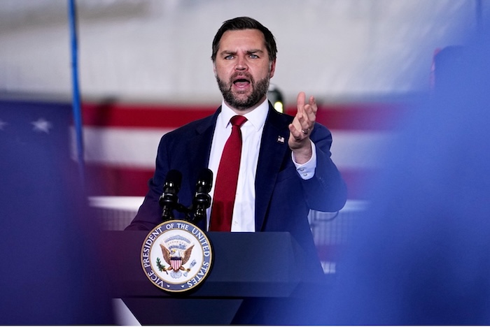 Vice President JD Vance speaking at Pointe Precision in Plover, Wisconsin, on Thursday. Matt Rourke/AP