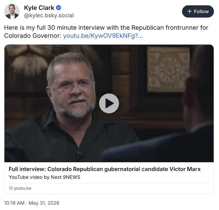 Kyle Clark on Bluesky; Here is my full 30 minute interview with the Republican frontrunner for Colorado Governor: youtu.be/KywOV9EkNFg?...