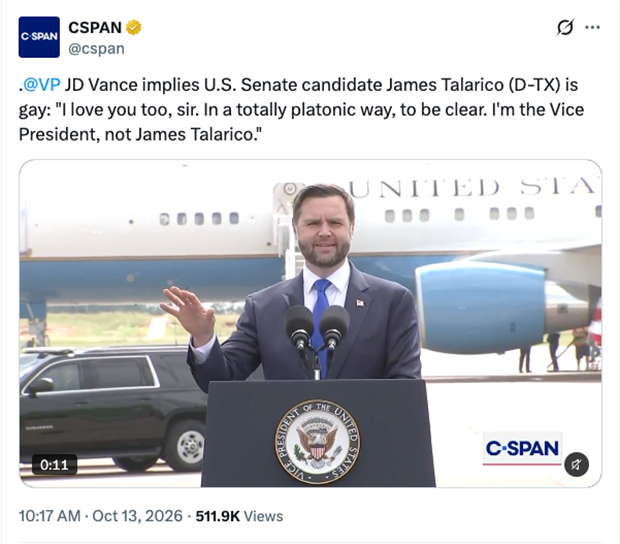 CSPAN: .@VP JD Vance implies U.S. Senate candidate James Talarico (D-TX) is gay: 
