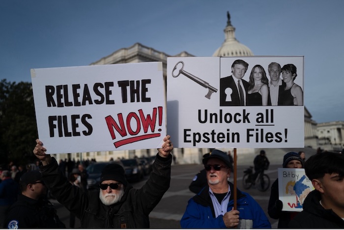 Demonstrators near a press conference at the US Capitol on November 18, 2025. Bryan Dozier/NurPhoto via AP