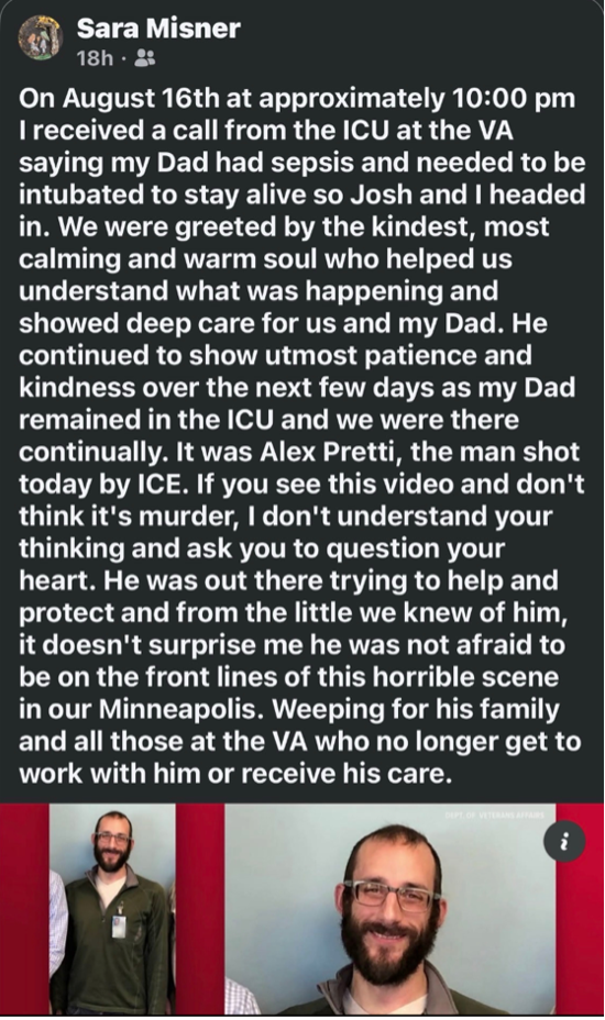 Social media post by Sara Misner memorializing Alex Pretti