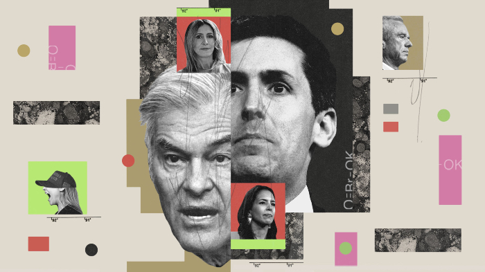 A photo collage in gray and tan with bits of red, pink, and chartreuse includes larger photos of two men and small photos of three women and one man. One woman, who appears to be screaming, wears a MAGA baseball cap.