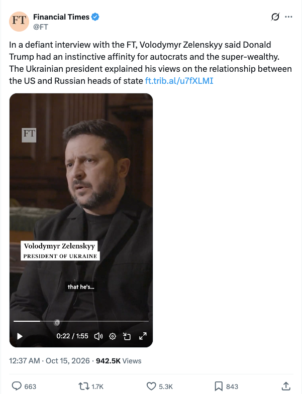 FT: In a defiant interview with the FT, Volodymyr Zelenskyy said Donald Trump had an instinctive affinity for autocrats and the super-wealthy. The Ukrainian president explained his views on the relationship between the US and Russian heads of state