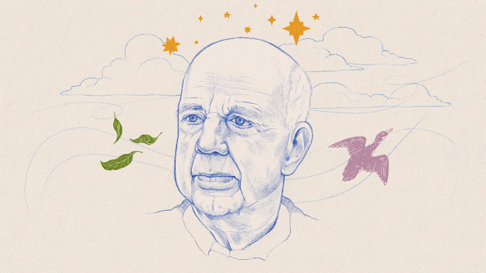 A sparse blue pen drawing of a bald, kind-looking old man with green leaves, golden stars, a pink seabird, and clouds outlined in blue around him.