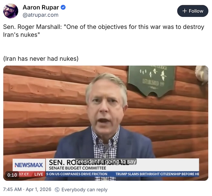 Aaron Rupar on Bluesky; Sen. Roger Marshall: 