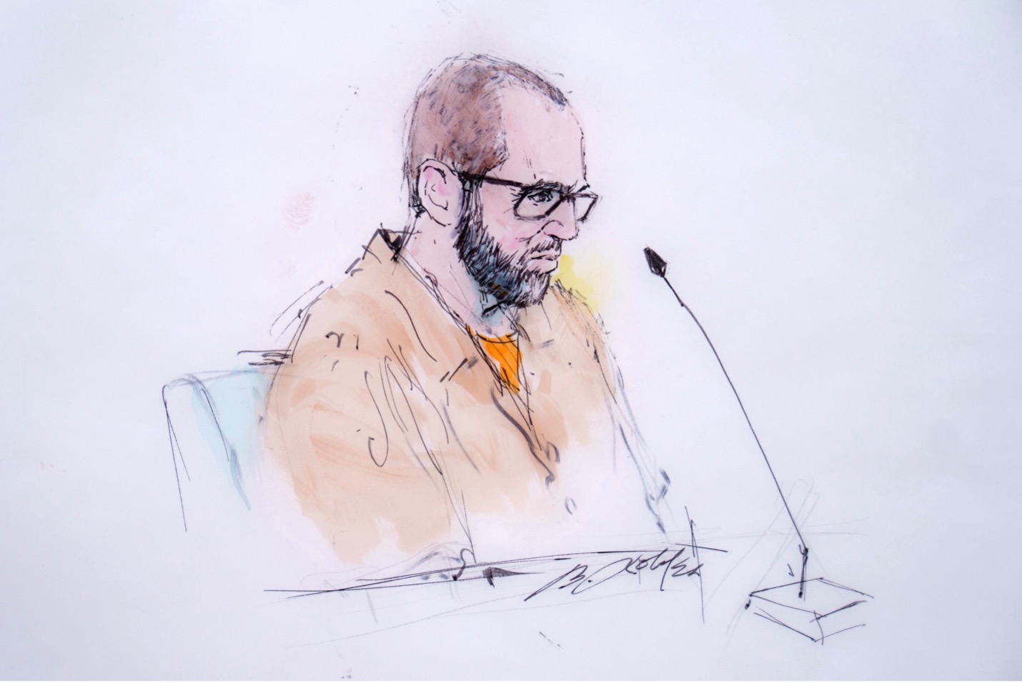 A courtroom sketch of Alexander Smirnov from an appearance in a federal court in Los Angeles on February 26, 2024. William T. Robles/AP