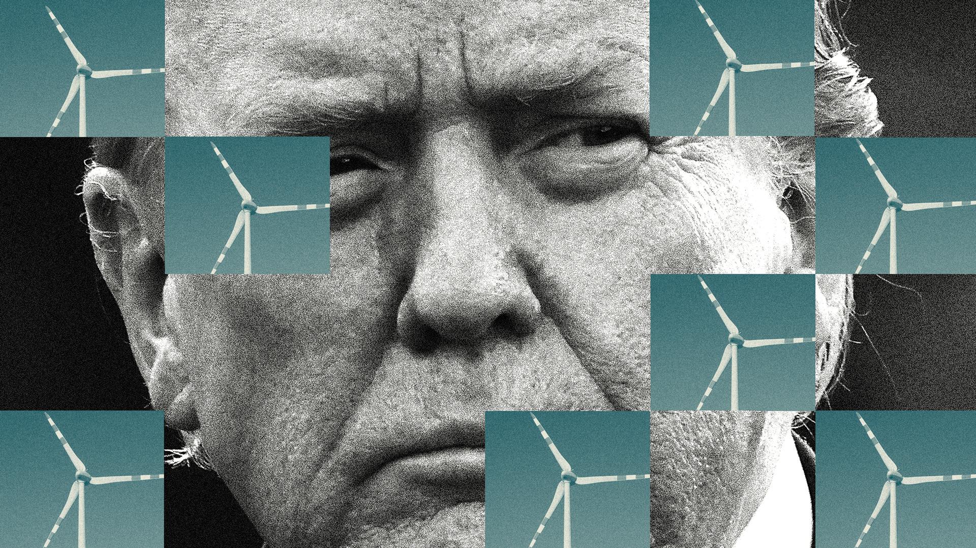 A black and white photo of Trump's face with wind turbines overlayed. 
