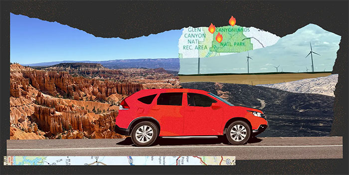 A photo collage consisting of map fragments with a national park and fire icons and a photo of a red car driving past canyonlands.