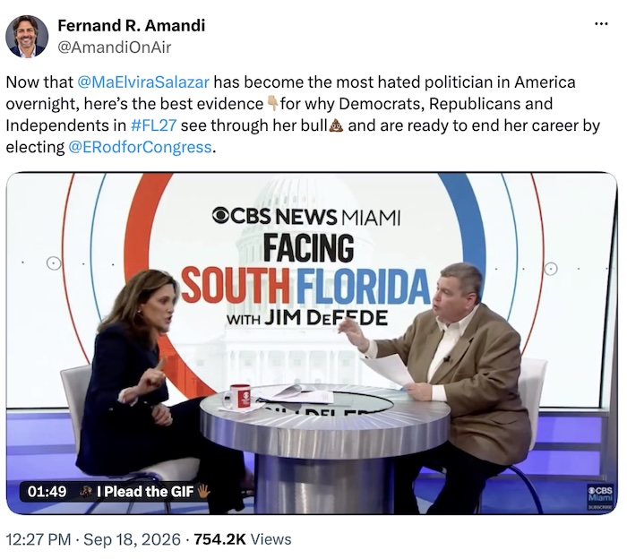 Amandi On Air on X.com; Now that @MaElviraSalazar has become the most hated politician in America overnight, here’s the best evidence👇🏼for why Democrats, Republicans and Independents in #FL27 see through her bull💩 and are ready to end her career by electing @ERodforCongress.  