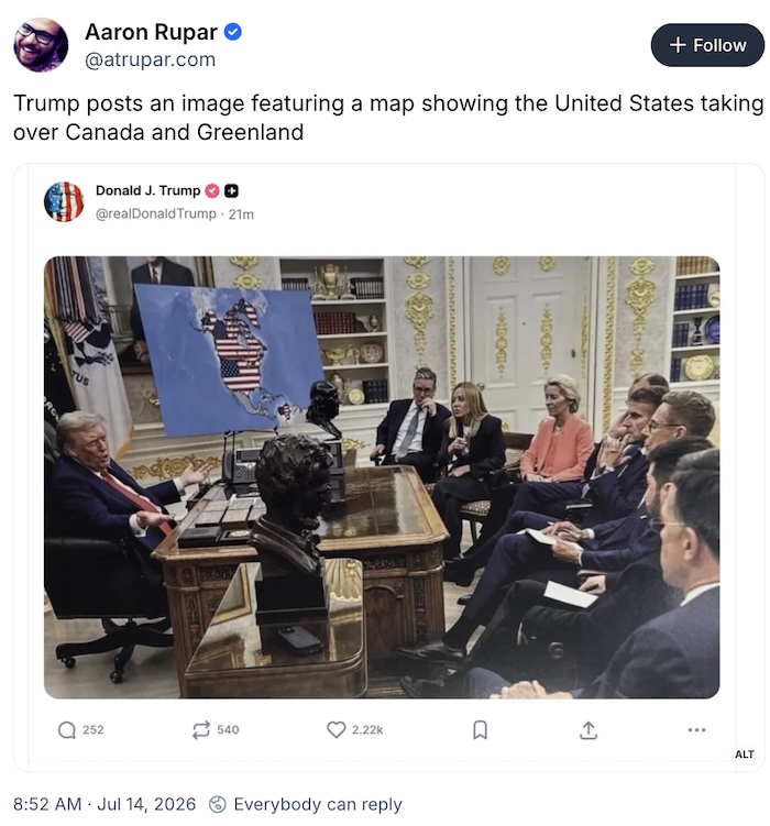 Aaron Rupar on Bluesky; Trump posts an image featuring a map showing the United States taking over Canada and Greenland