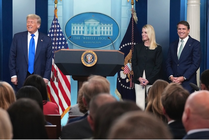 President Donald Trump with Attorney General Pam Bondi and Deputy Attorney General Todd Blanche at the White House on June 27. Jacquelyn Martin/AP
