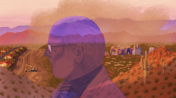 A watercolor in pastel tones showing a fanciful Arizona desert landscape and in the foreground, a purple image of a bespectacled, bearded, mostly bald man wearing jacket and tie