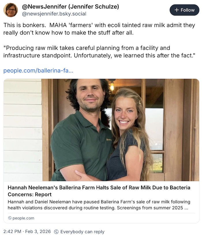 @NewsJennifer on Bluesky; This is bonkers. MAHA 'farmers' with ecoli tainted raw milk admit they really don't know how to make the stuff after all. 