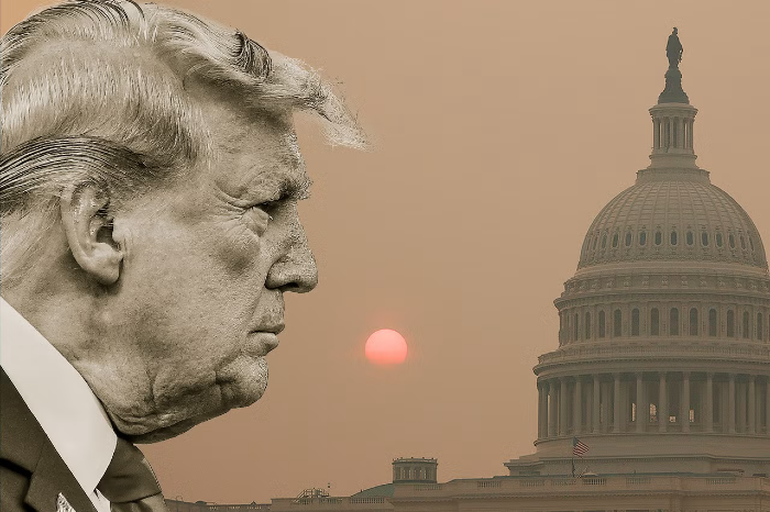 A  profile of Donald Trump's head looks toward the right at an orange-red sun and the US Capitol dome in a hazy, smoke-filled sky.