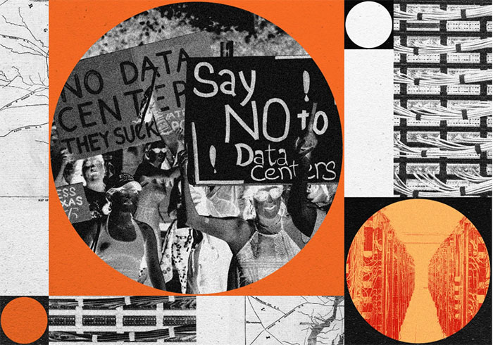 An illustration with maps and elements of data centers and server banks and a main element with a negative image of protesters with signs that say 